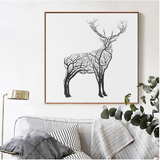 Abstrait cerfs communs arbre toile décor animaux peinture noir blanc poster  art imprimer Wall image pour salon 1 pièce non encadrée - Achat / Vente  objet décoration murale - Cdiscount