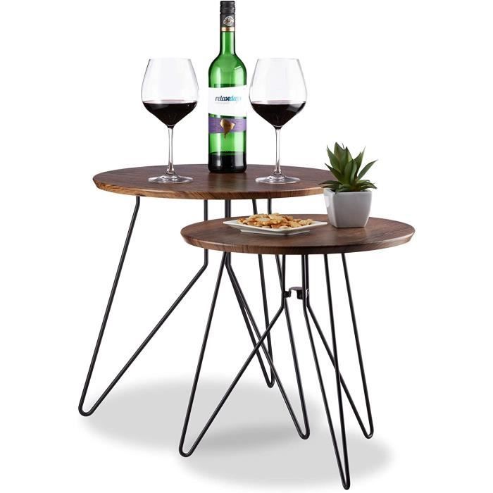 table gigogne de salon - basses d’appoint vintage lot 2 rondes tables chevet pieds métal 48 & 40 cm marron mdf