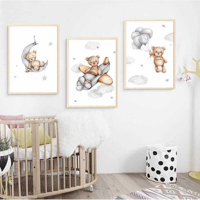 Peinture Sur Toile Avec Ours Et Lune Pour Chambre D Enfant Et Bebe Ballon Animal Affiche Artistique Imprimee Image Murale Cdiscount Maison