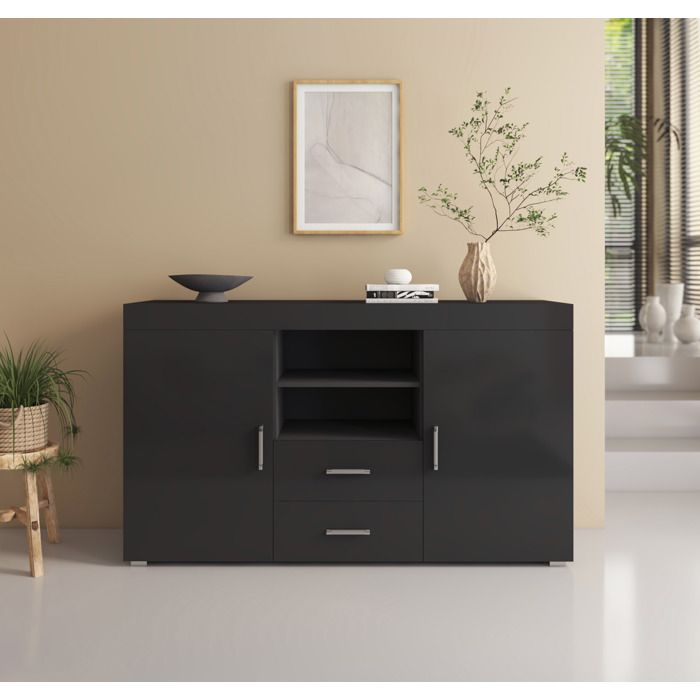 Design Ameublement - Buffet Bahut ROQUE - 2 portes 2 tiroirs - Noir - 140x80x40cm
