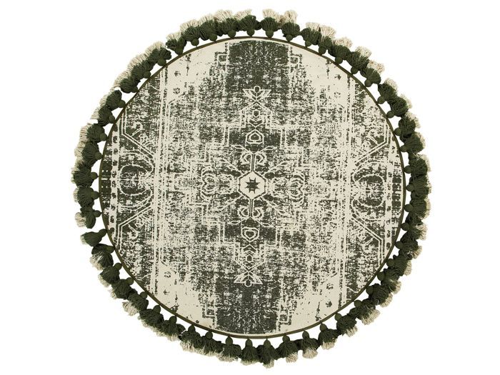 Tapis rond à franges blanc crème et vert KAHTA