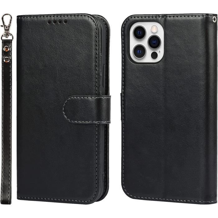 Étui Portefeuille Cuir Noir Odeydo Pour IPhone 12/12 Pro - Coque Rabat Avec Porte-Cartes, Neuf