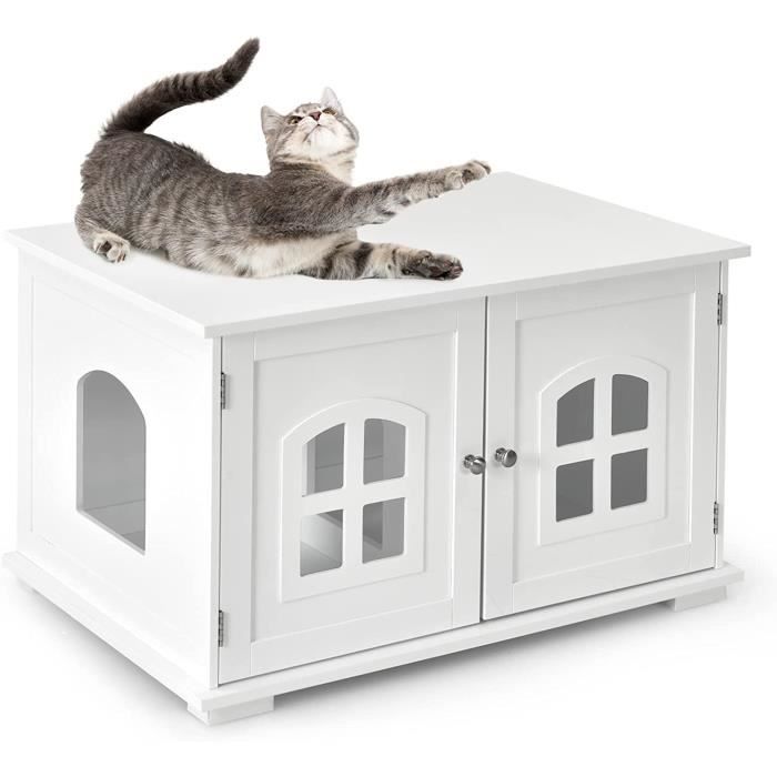 Comparer les prix de GOPLUS Maison pour Chat en Bois,Cabane/Abri/Enclos pour Chat avec Fenêtres et Portes,2 Compartiments,Blanc