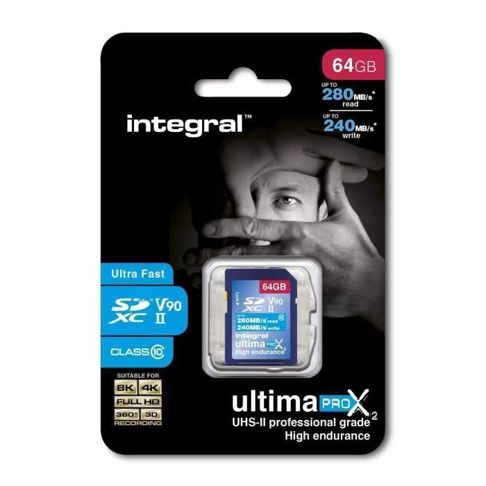 Carte mémoire SDXC UHS-II Integral UltimaPro Video Speed V90 64 Go - Jusqu'à 280 Mo/s - Garantie 5 ans