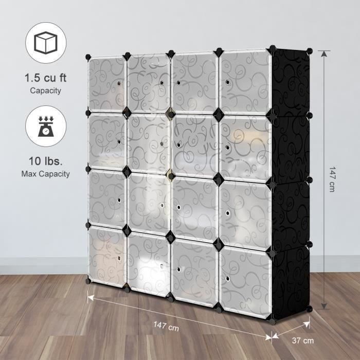 armoire étagères - langria - 16 cubes - plastique - modulable - noir