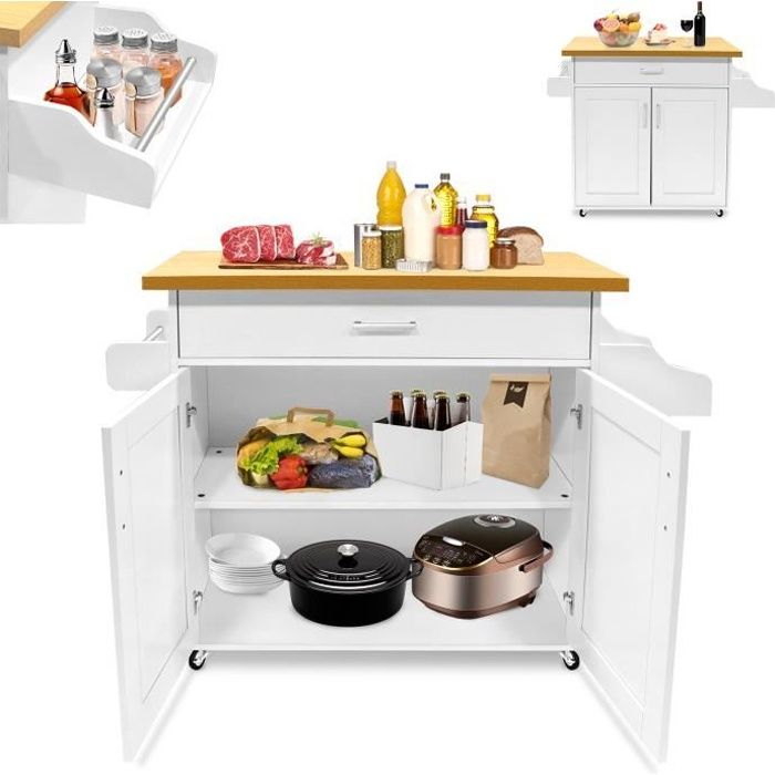 Desserte de cuisine - LZQ - LZQ - 115x36x90 cm - Blanc MDF - 4 roulettes (2 verrouillables)