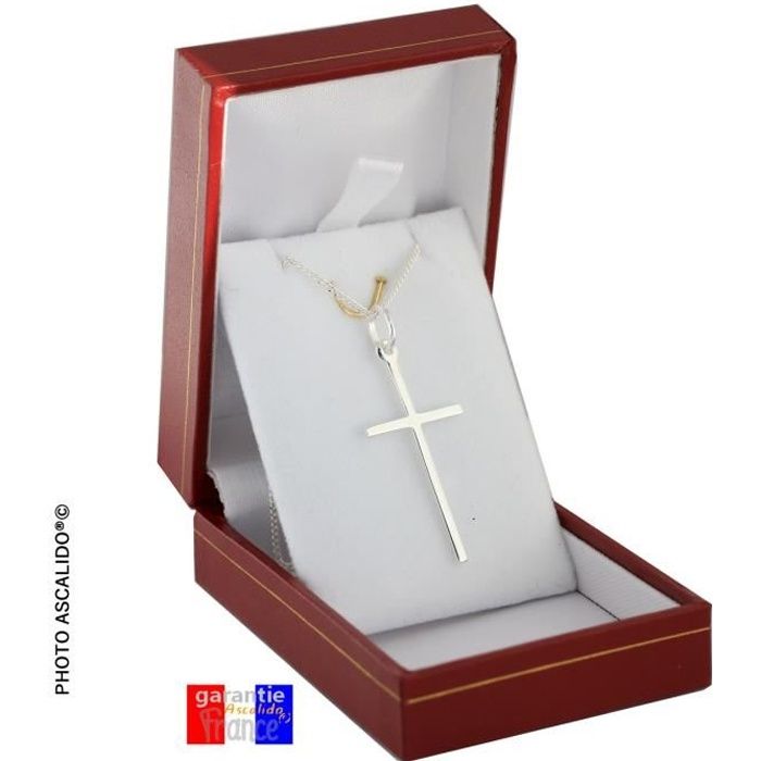 croix simple 3.5cm en argent massif 925 collier avec pendentif et chaine 45cm ou 50cm incluse pour homme femme avec boite coffret