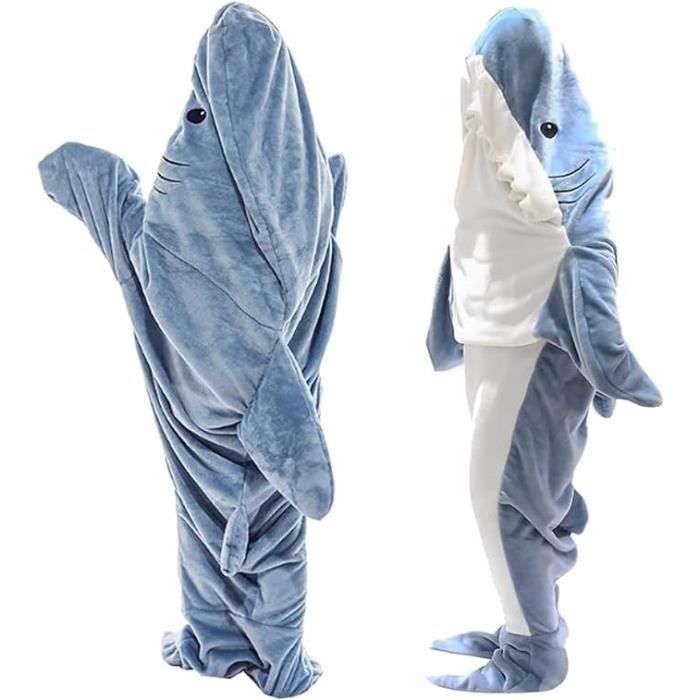 Pyjama Requin Kigurumi à Capuche Doux Pour Adultes – Couverture Portable En Flanelle Chaude, Idéal Hommes Et Femmes, Bleu Et Blanc