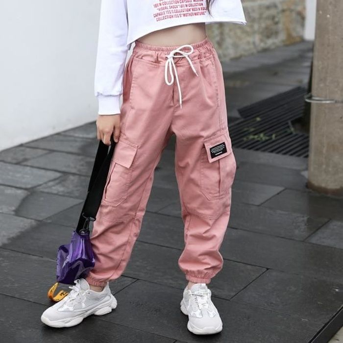 Pantalon cargo en coton pour fille Tongcart Taille elastique Multi poches Beige rose pink Cdiscount Sport