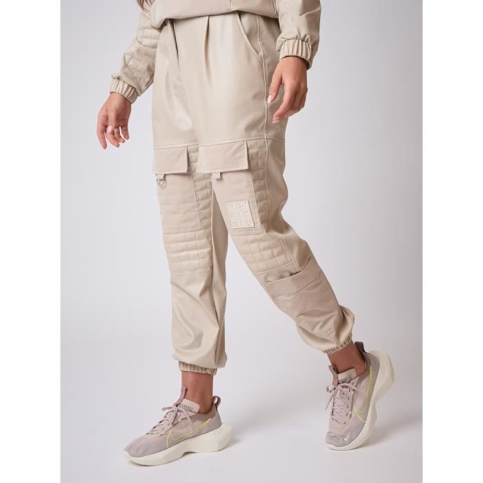 Pantalon femme matelasse carre simili cuir PROJECT X PARIS Slim Beige