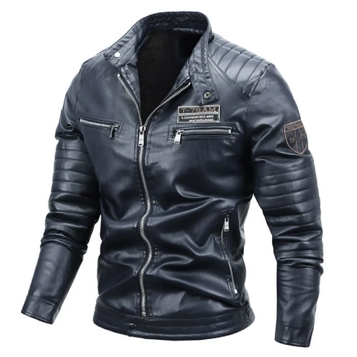 Veste Homme Hiver En Cuir Bomber Moto - Blouson Chaud épais Doublure Thermique - Style Classique Décontracté Pour Quotidien - 7