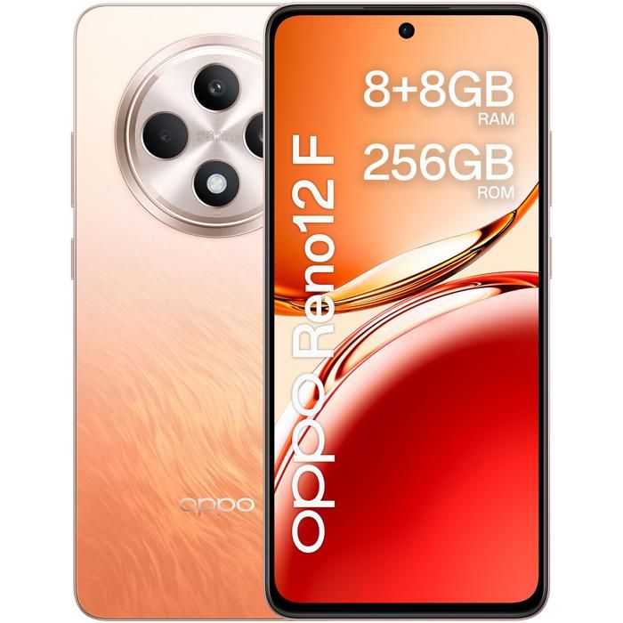 Smartphone 4G OPPO Reno12 F de couleur orange ambre avec écran AMOLED 667 120 Hz Full HD+ 1080 x 2400 pixels 8 Go de RAM DDR4 +