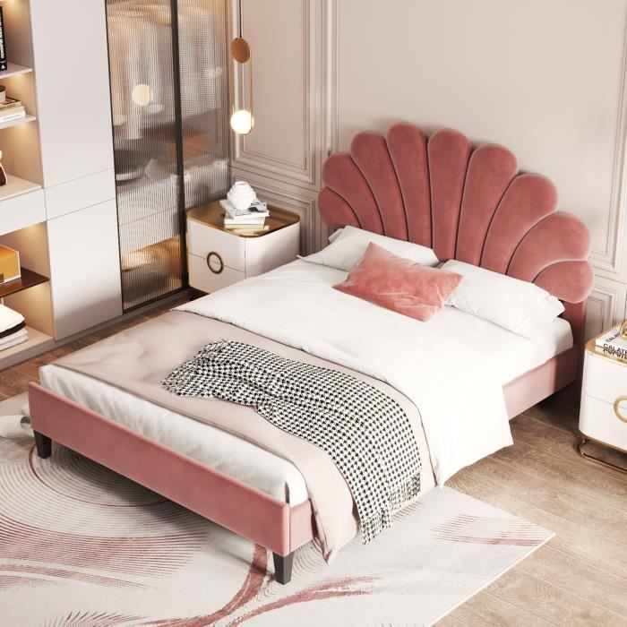 lit enfant,lit capitonné 140 x 200 cm avec sommier à lattes,lit double avec tête de lit en forme de fleur,velours,rouge haricot