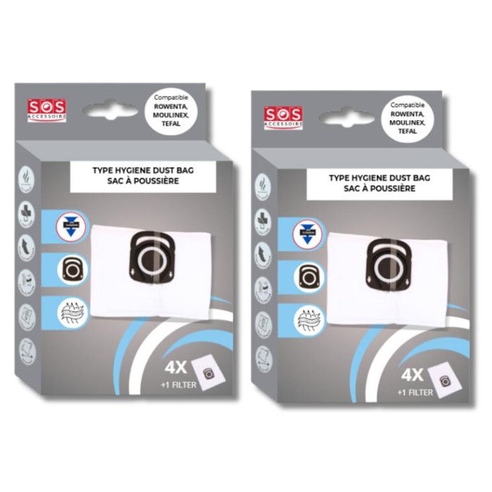 Accessoire Aspirateur MOULINEX ROWENTA TEFAL Lot de 2 boîtes de 4 sacs + 1 filtre HYGIENE+ Sac