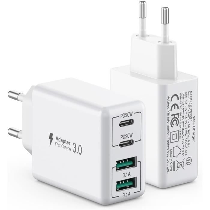 [2 pièces] Chargeur USB C 40W,Bloc Chargeur 4 Ports,Bloc de Charge Rapide  Double Port PD+QC Connecteur Mural multiports de[S196]