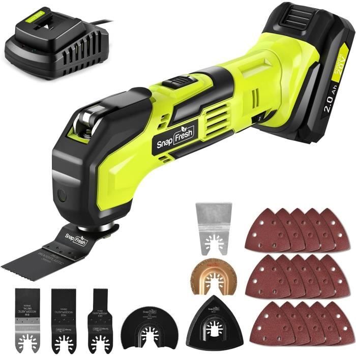 SnapFresh Multitool Oscillant Sans Fil 20V – 6 Vitesses 5000-18000 OPM, Angle 3,2°, 22 Accessoires, Batterie 2Ah Et Chargeur Rapide – Idéal Coupe, Ponçage, Grattage