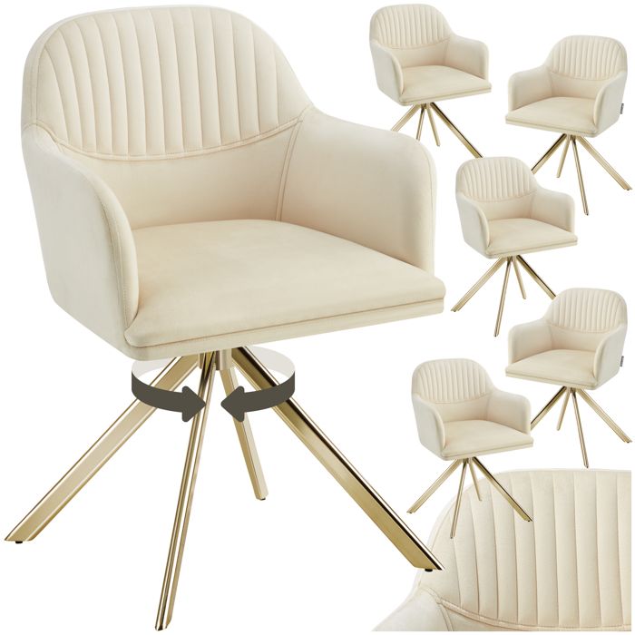 Chaise - TECTAKE - Lot de 6 fauteuils LONA pivotants avec rembourrage épais aspect velours 56 x 59 x 81 cm - Crème/Or