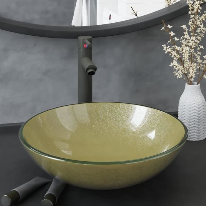 vidaXL Lavabo de bain avec robinet et drain à poussoir Verre trempé 42 x 14 cm Diam. x H Or