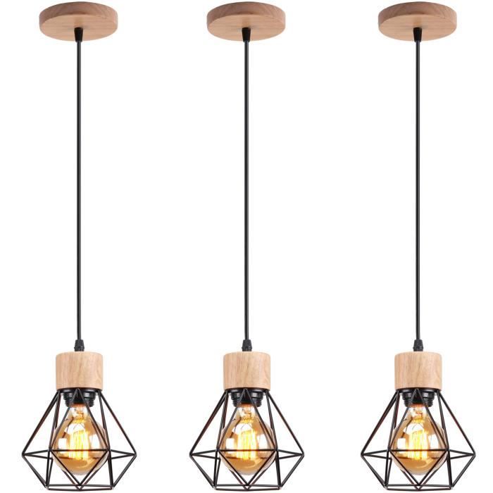 Suspension Cage Diamant en Métal et Bois Noir - WOTTES - Pack de 3 - Style Vintage