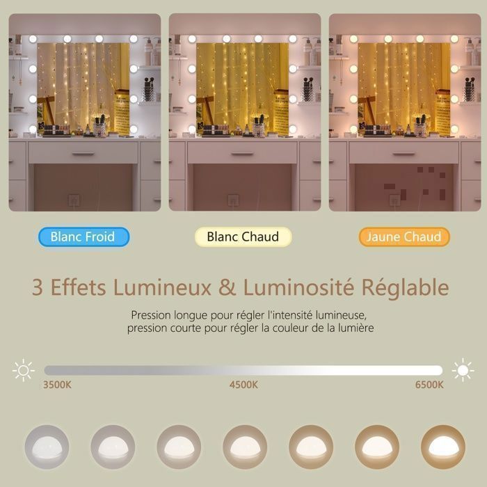 Coiffeuse Avec Miroir LED 3 Lumières - 7 Tiroirs 4 étagères - Prises USB - Bureau Maquillage Moderne (Noir)