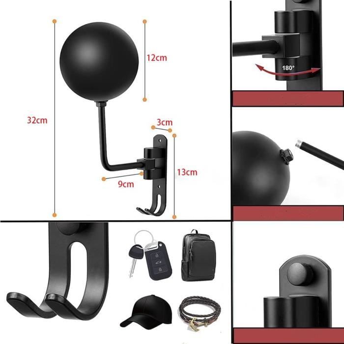 Tunejoy Porte-Casque Mural Rotatif 180° – Support Moto, Vélo, Baseball – Aluminium Robuste Noir – Rangement & Déco