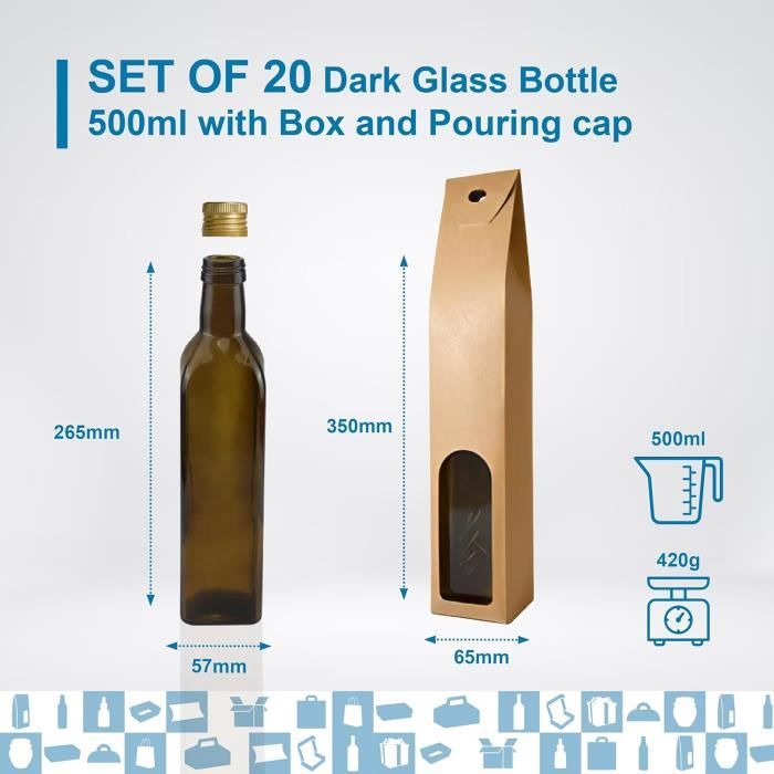 Espirito Rebelde 20x Bouteilles en Verre 500ml avec Bouchon a Vis Noir avec Bec Verseur 20 Boîtes 20 Sceaux 20 Étiquettes Kraft Ficelle - Huile d'Olive, Vinaigre, Alcool Espirito Rebelde 20x Bouteilles en Verre 500ml avec Bouchon a Vis Noir avec Bec Verseur 20 Boîtes 20 Sceaux 20 Étiquettes Kraft Ficelle - Huile d'Olive, Vinaigre, Alcool