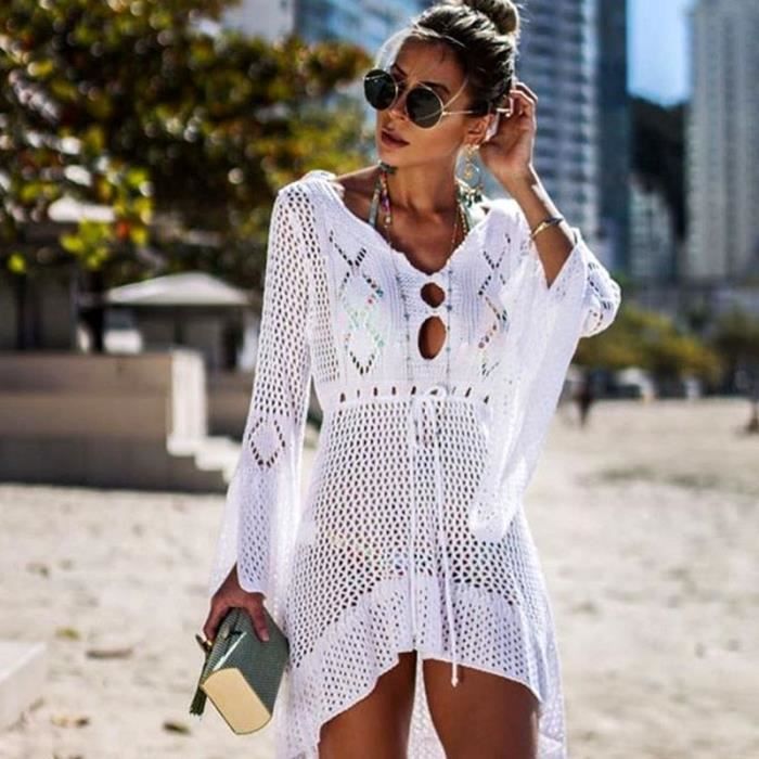 Robe Ashgaily Robe de Plage blanche longue detail Crochet tricot Cover up tunique pareos pour les Bikinis Type LXF7052W Blanc Cdiscount Pret a Porter