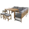 Salon de Jardin avec canapé d'angle, 3 tabourets et 1 table, structure en bois d'acacia pour extérieur, gris-2