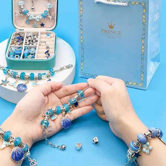 72 PCS Bracelet Colliers,Perles Pour Bracelets, Boîtes à Bijoux, Perle Kits Pour Bracelets Colliers,Jouet Cadeau Enfant,Bleu - Beaux-Arts Et Loisirs Créatifs