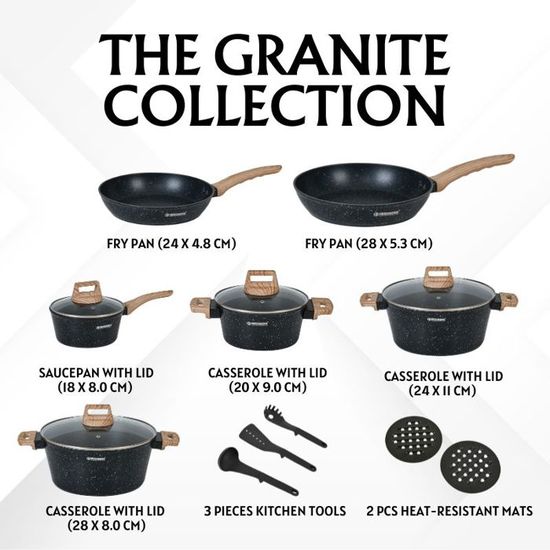 Batterie De Cuisine Herzberg 5 Pièces - Casseroles Induction Avec Revêtement Marbre, Poignées Amovibles - Set Tout Feux, Noir - 7