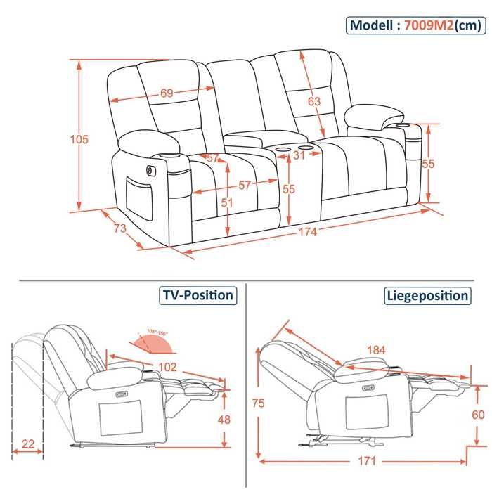 MCombo M Divano elettrico a 2 posti con funzione sleep, poltrona reclinabile a 2 posti con manopola di regolazione a 150°, poltrona cinema, console e portabicchieri e USB, 7009 (grigio