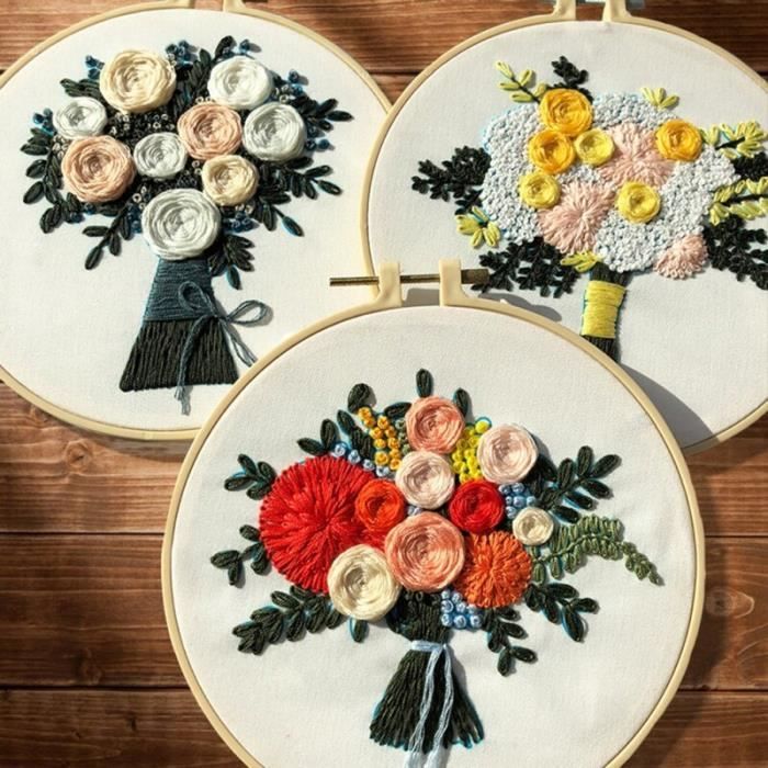 JSTHHTT Kit de Broderie de Sac en Toile, Sac à Broder avec Motif de Motif Floral, Broderie Débutant Outil, Fils de Couleur et Outils, pour Débutants Adultes Femmes Bricolage (Blanc)(Papillon