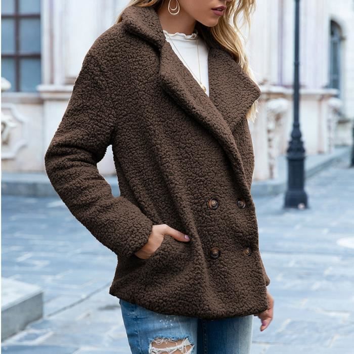 Manteau Femme Casual Chaud Peluche Oversize Lapel Manches Longues Marron Polyester Automne Hiver Printemps Marron Cdiscount Pret a Porter