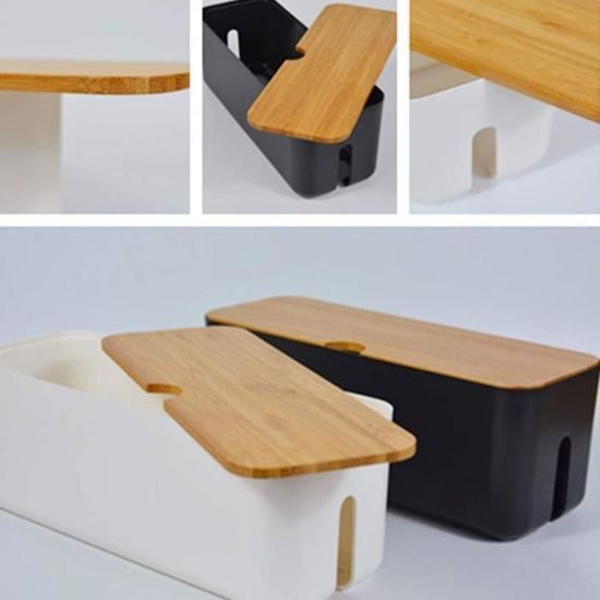 Boîte De Rangement Pour Câbles Avec Couvercle En Bambou - Cache Multiprise, Organisateur Bureau/TV - Design Ovale Blanc