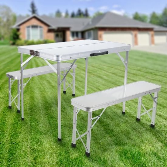 Table et bancs de jardin - Table pliante jardin - Table pique nique + 2  bancs pliants camping - Blanc à prix mini - Novoo®