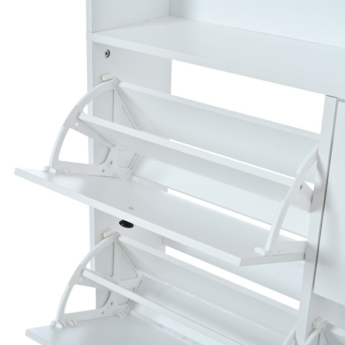 Vestiaire D'Entrée Multifonctionnel Moderne – Armoire à Chaussures, Étagère Ouverte, Crochets Solides Et Base En Fer Robuste – Blanc & Effet Bois