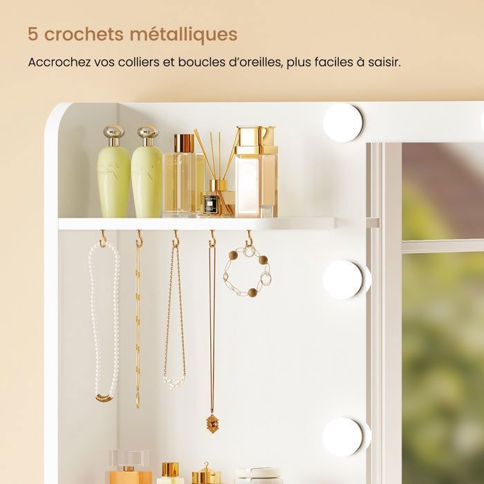 Coiffeuse Avec Miroir Lumineux LED – 10 Ampoules, 3 Modes Lumière, 7 Tiroirs + 4 étagères | Prises USB Et Support Sèche-cheveux | Noir Moderne - 7