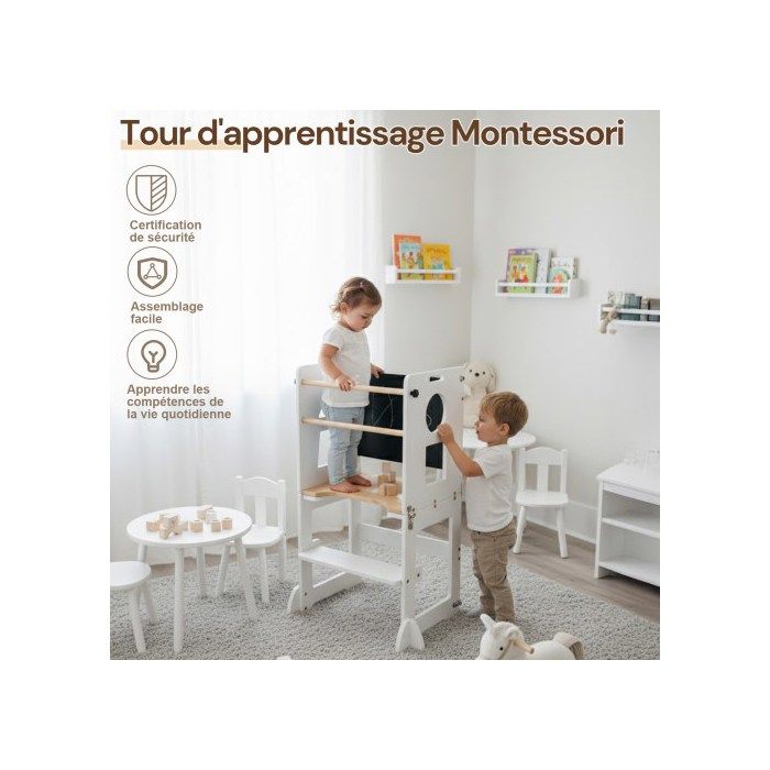 COSTWAY Tour D'Apprentissage Enfant Avec Hauteur Réglable & Tableau, Tour D'Observation Montessori En Bois Avec Rail De Sécurité & Pieds Anti-Bascule, Charge 70kg Pour Enfant De 1-7 Ans (Gris