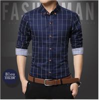 Fashion Homme carreaux Chemise Manches Longues Coton Blouse affaires Chemises Casual Slim Shirt Bleu foncé