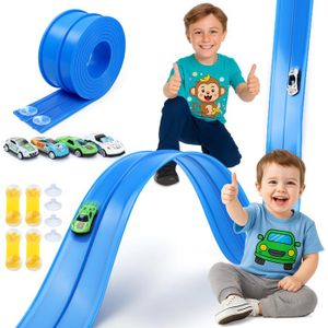 Circuit de course flexible pour enfants, circuit pour voitures Hot Wheels avec pastilles adhésives, 2 voitures à rétrofriction, 2 - Jeux - Jouets