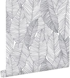 PAPIER PEINT papier peint feuilles dessinées noir et blanc - 0,