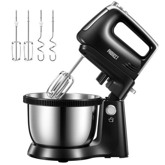 Batteur Mixeur Socle Techwood 500W Double Bol 3.5L - Fouets Crochets Couvercle Anti-éclaboussures