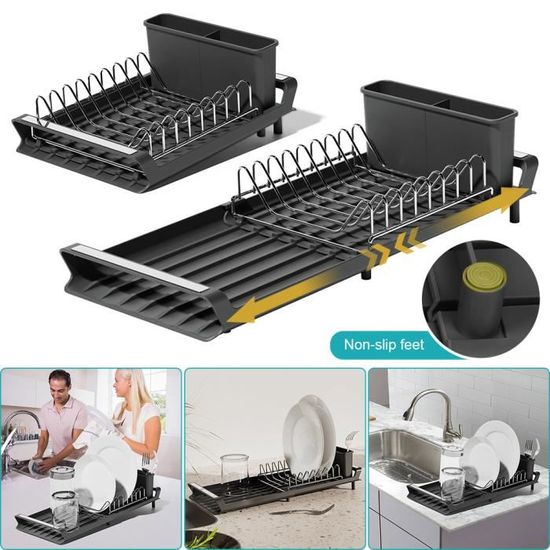 Égouttoir à Vaisselle Réglable en Hauteur 2 Niveaux Grand Égouttoir avec 2 Égouttoirs pour Évier de Cuisine avec Porte-Ustensiles et Porte-Planche à Découper 2en1