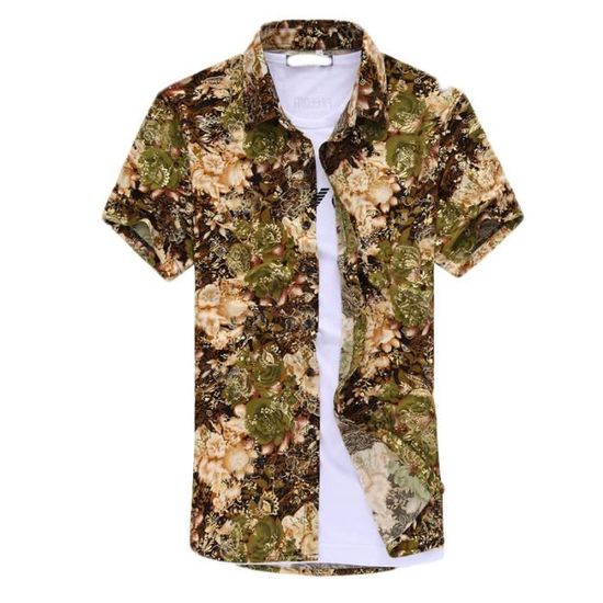 Chemise Homme LEOCLOTHO Impression de grande taille Vert Loose  Manches courtes Col chemise