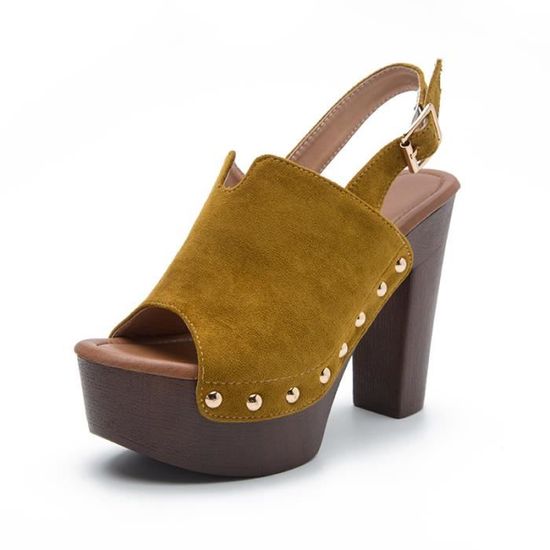 Sandales Compensées Femme Wyongtao - Talons épais, Bout Carré Ouvert, Cuir - Confortables Pour L'été