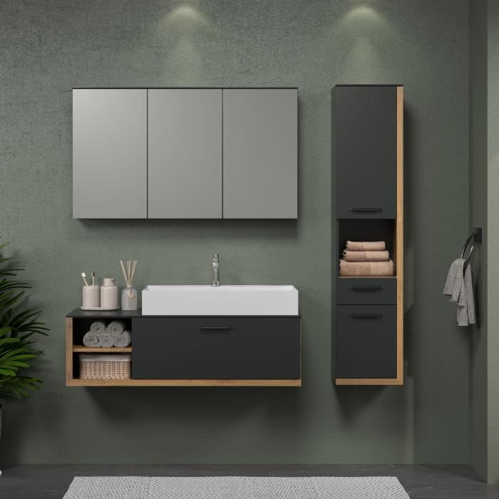 synnax salle de bain complète - meuble sous vasque + vasque + armoire 3 portes - mélaminé gris et chêne - trendteam