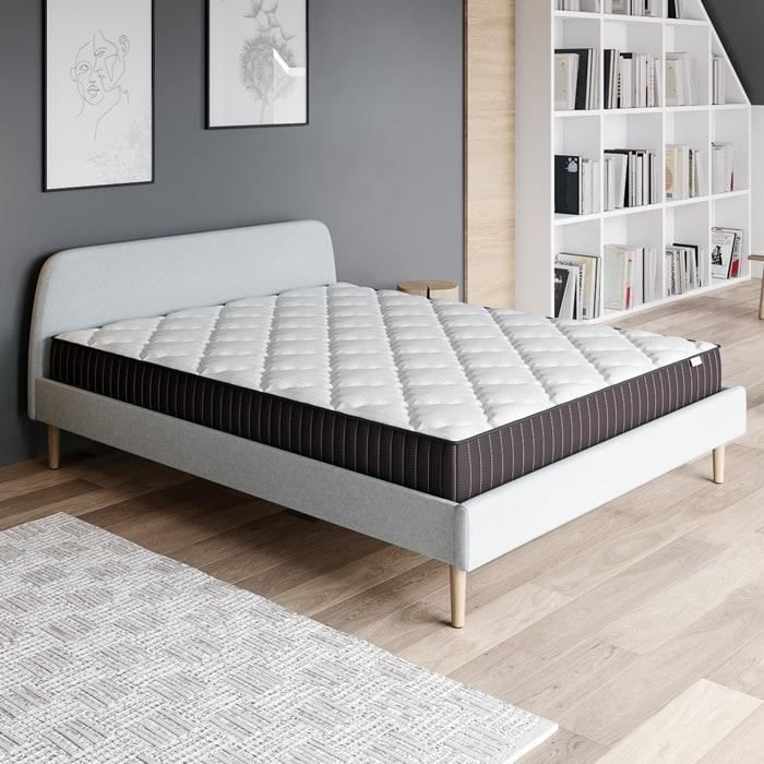 Ensemble matelas mémoire 160x200 Extra Memo + Lit gris clair + sommier à lattes - Mousse HD + Mémoire de forme - Hbedding