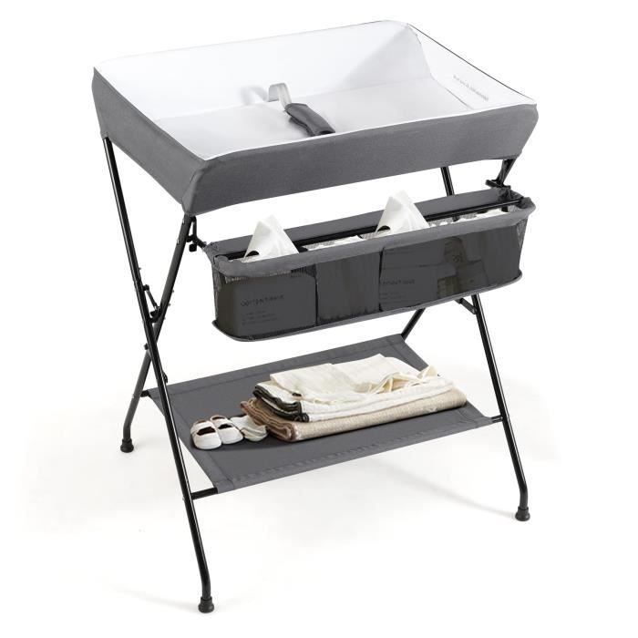 DREAMADE Table à Langer Pliante avec Panier de Rangement et 2 Etagères Cadre en Fer Charge Max 10 KG, 80 x 63 x 90 CM, Gris