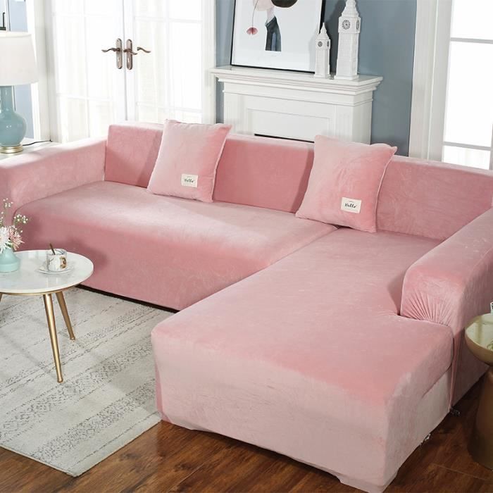 Housse de canapé en forme de L en peluche épaisse de couleur unie, sac universel simple tout-en-un élastique antidérapant - rose