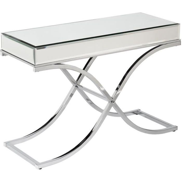 Console design plateau et contour en miroir avec un piètement croisée en acier inoxydable poli L. 120 x P. 40 x H. 76 cm